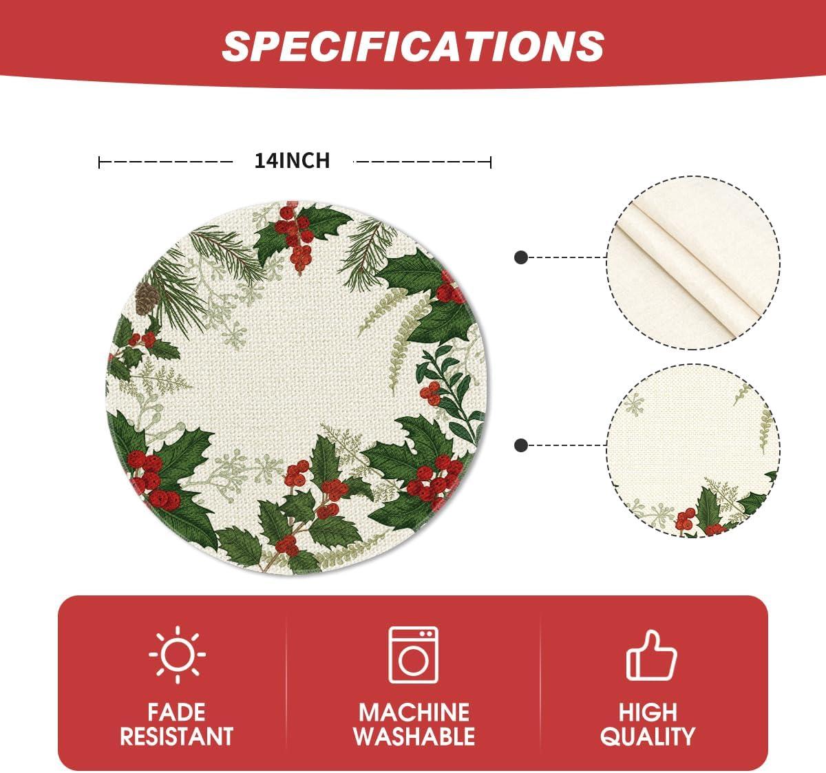 imageArtoid Mode Holly Xmas Pine Christmas Round Placemats Set of 4 14 Inch Winter Round Table Mats for Vintage Dining DecorationRedGreen