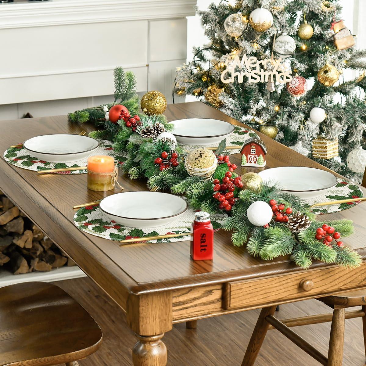 imageArtoid Mode Holly Xmas Pine Christmas Round Placemats Set of 4 14 Inch Winter Round Table Mats for Vintage Dining DecorationRedGreen