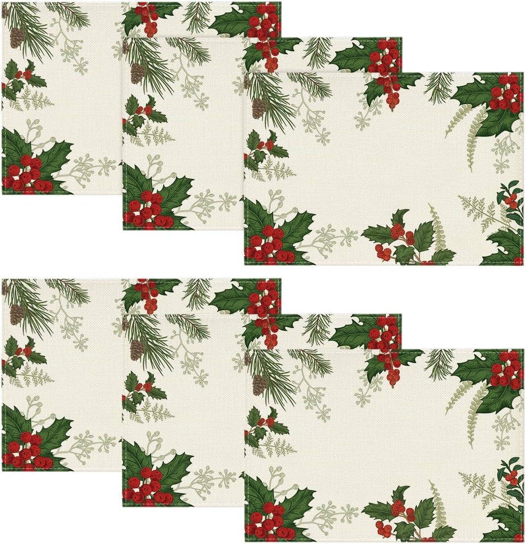 imageArtoid Mode Holly Xmas Pine Christmas Round Placemats Set of 4 14 Inch Winter Round Table Mats for Vintage Dining DecorationRedGreen