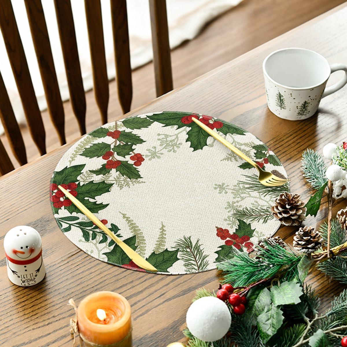 imageArtoid Mode Holly Xmas Pine Christmas Round Placemats Set of 4 14 Inch Winter Round Table Mats for Vintage Dining DecorationRedGreen
