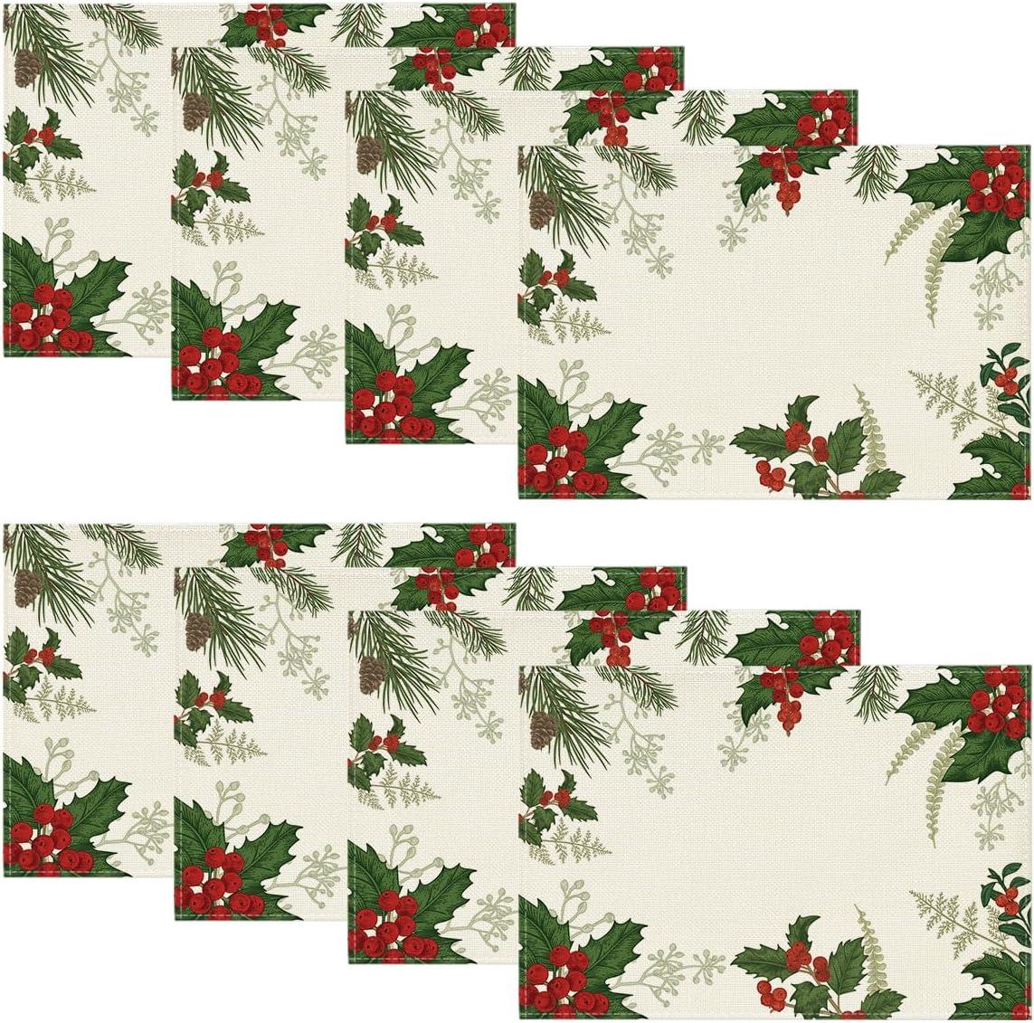 imageArtoid Mode Holly Xmas Pine Christmas Round Placemats Set of 4 14 Inch Winter Round Table Mats for Vintage Dining DecorationRedGreen