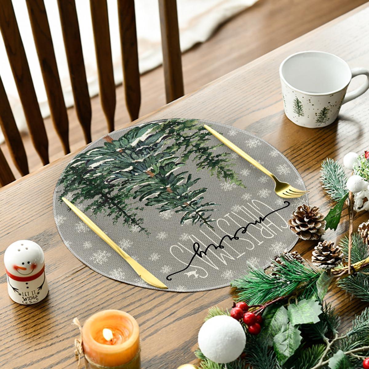 imageArtoid Mode Pine Tree Snowflake Merry Christmas Placemats Set of 4 12x18 Inch Seasonal Winter Xmas Holiday Table Mats for Party Kitchen Dining DecorationGray