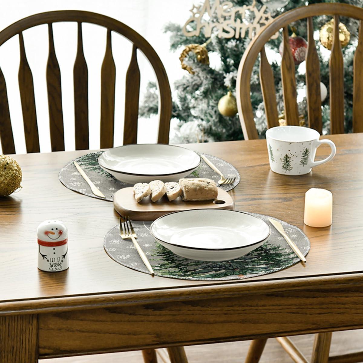 imageArtoid Mode Pine Tree Snowflake Merry Christmas Placemats Set of 4 12x18 Inch Seasonal Winter Xmas Holiday Table Mats for Party Kitchen Dining DecorationGray