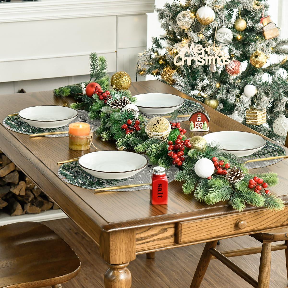 imageArtoid Mode Pine Tree Snowflake Merry Christmas Placemats Set of 4 12x18 Inch Seasonal Winter Xmas Holiday Table Mats for Party Kitchen Dining DecorationGray
