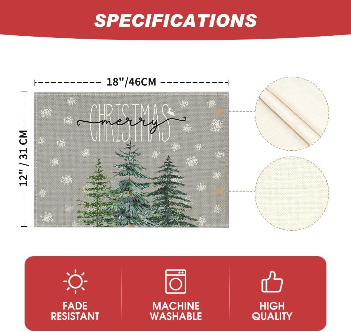 imageArtoid Mode Pine Tree Snowflake Merry Christmas Placemats Set of 4 12x18 Inch Seasonal Winter Xmas Holiday Table Mats for Party Kitchen Dining DecorationGray
