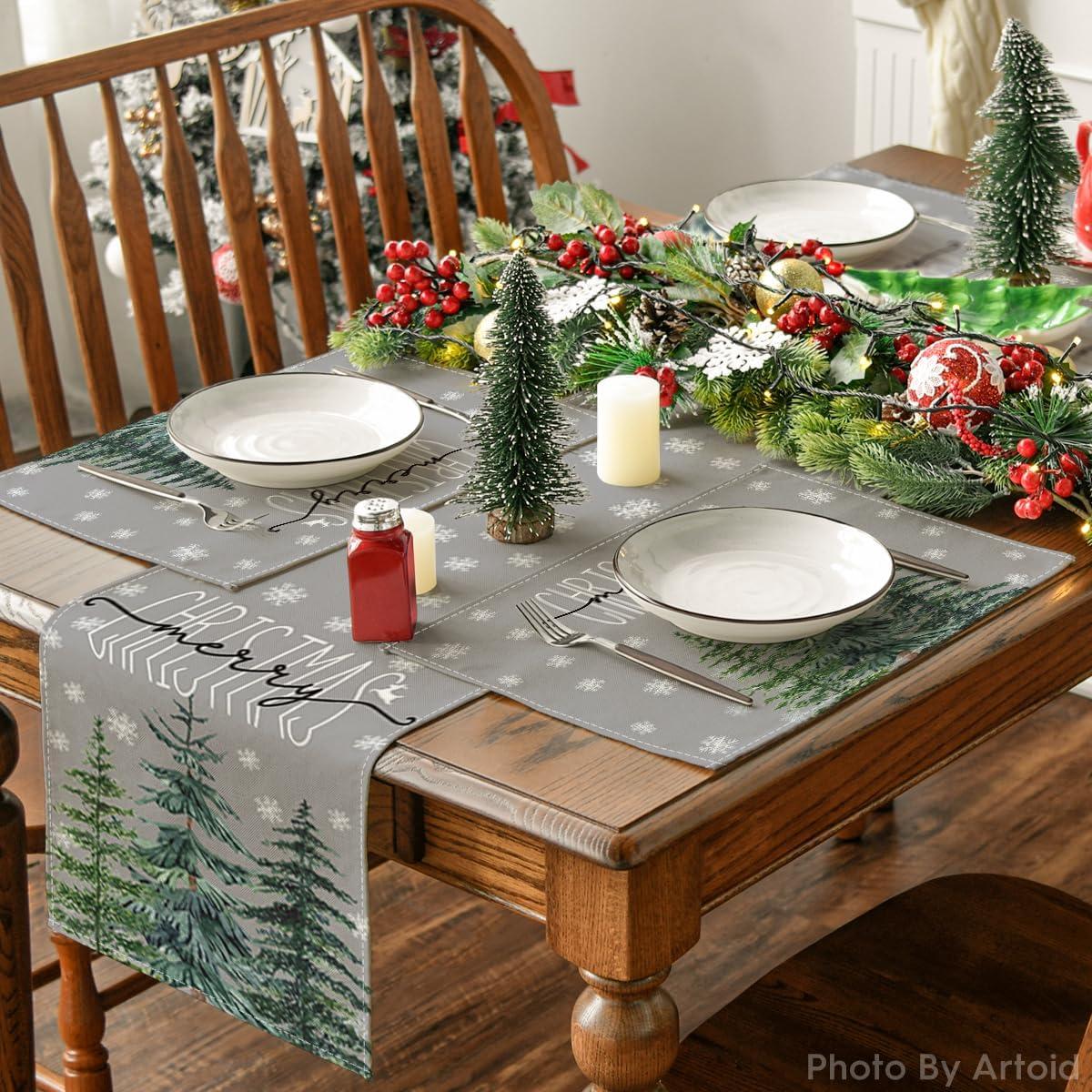 imageArtoid Mode Pine Tree Snowflake Merry Christmas Placemats Set of 4 12x18 Inch Seasonal Winter Xmas Holiday Table Mats for Party Kitchen Dining DecorationGray
