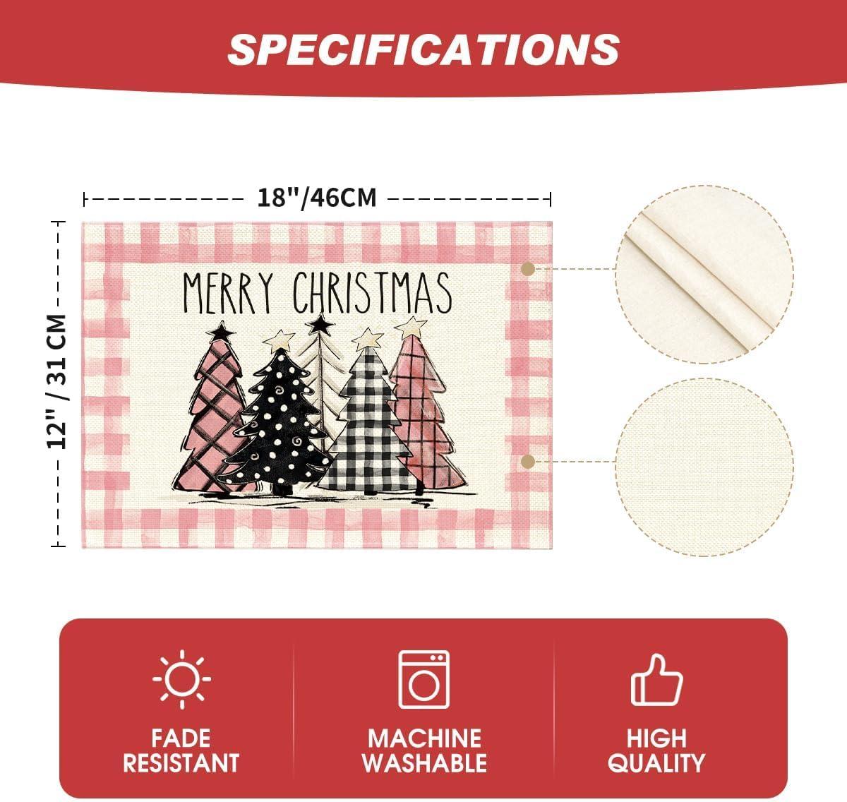 imageArtoid Mode Waterclor Buffalo Plaid Christmas Trees Placemats Set of 4 12x18 Inch Winter Table Mats for Outdoor Home Party Kitchen Dining DecorPinkWhite