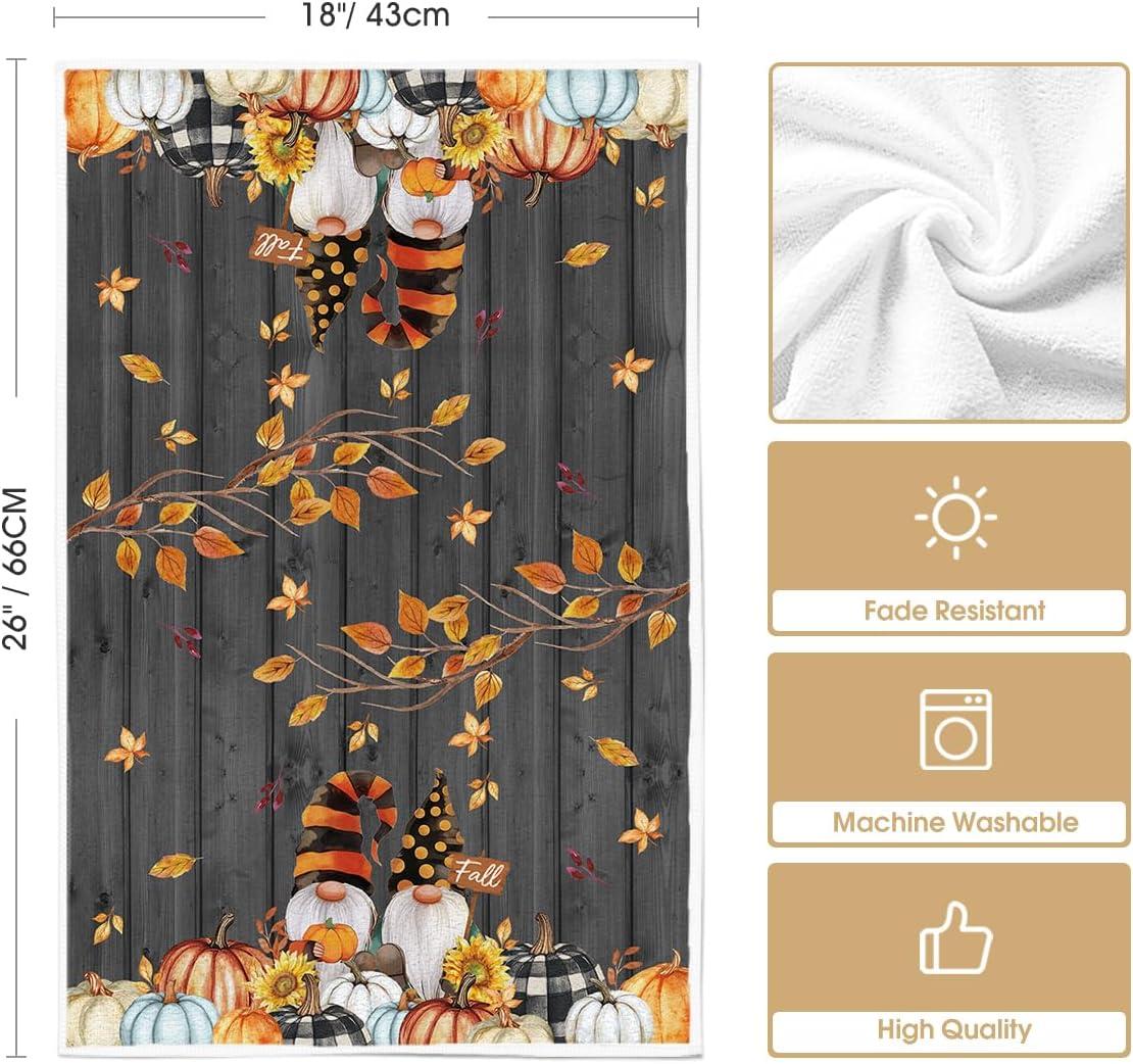 imageArtoid Mode Wood Pumpkin Gnome Fall Kitchen Towels Dish Towels 18x26 Inch Farmhouse Maple Leaves Sunflower Decoration Hand Towels Set of 2Black