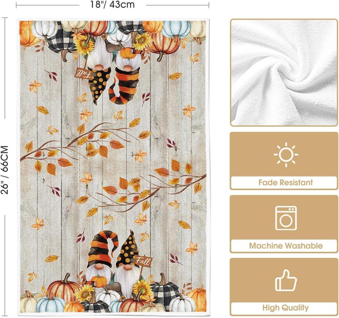 imageArtoid Mode Wood Pumpkin Gnome Fall Kitchen Towels Dish Towels 18x26 Inch Farmhouse Maple Leaves Sunflower Decoration Hand Towels Set of 2Wood