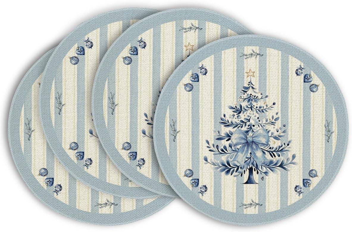 imageArtoid Mode Xmas Pine Round Winter Placemats Set of 4 14 Inch Round Christmas Table Mats for Table Runner Party Kitchen Dining DecorationBlue