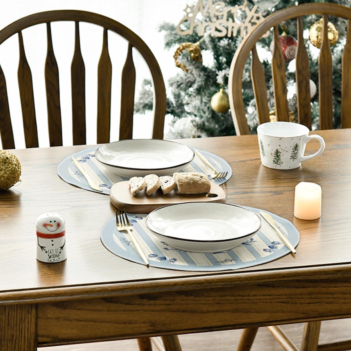 imageArtoid Mode Xmas Pine Round Winter Placemats Set of 4 14 Inch Round Christmas Table Mats for Table Runner Party Kitchen Dining DecorationBlue