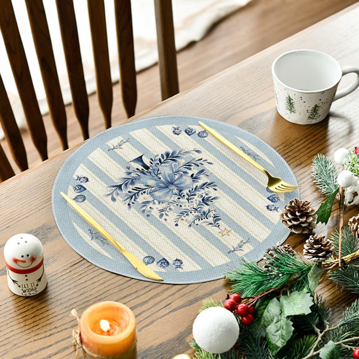 imageArtoid Mode Xmas Pine Round Winter Placemats Set of 4 14 Inch Round Christmas Table Mats for Table Runner Party Kitchen Dining DecorationBlue