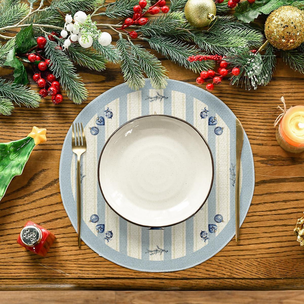 imageArtoid Mode Xmas Pine Round Winter Placemats Set of 4 14 Inch Round Christmas Table Mats for Table Runner Party Kitchen Dining DecorationBlue