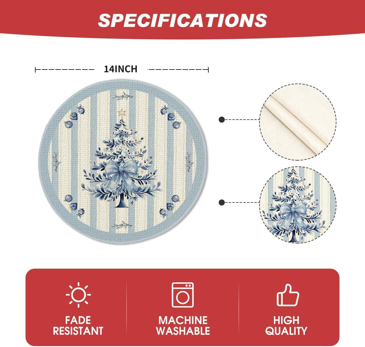 imageArtoid Mode Xmas Pine Round Winter Placemats Set of 4 14 Inch Round Christmas Table Mats for Table Runner Party Kitchen Dining DecorationBlue