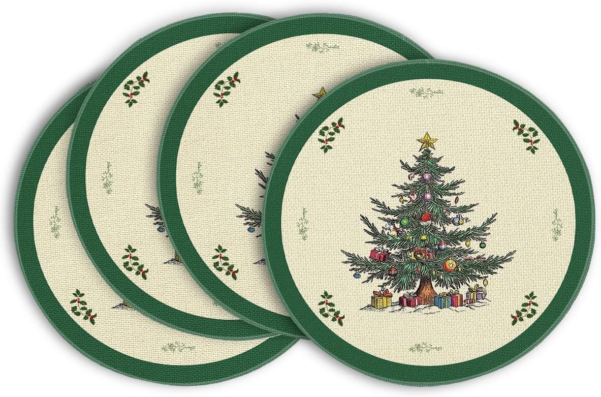 imageArtoid Mode Xmas Pine Round Winter Placemats Set of 4 14 Inch Round Christmas Table Mats for Table Runner Party Kitchen Dining DecorationGreen