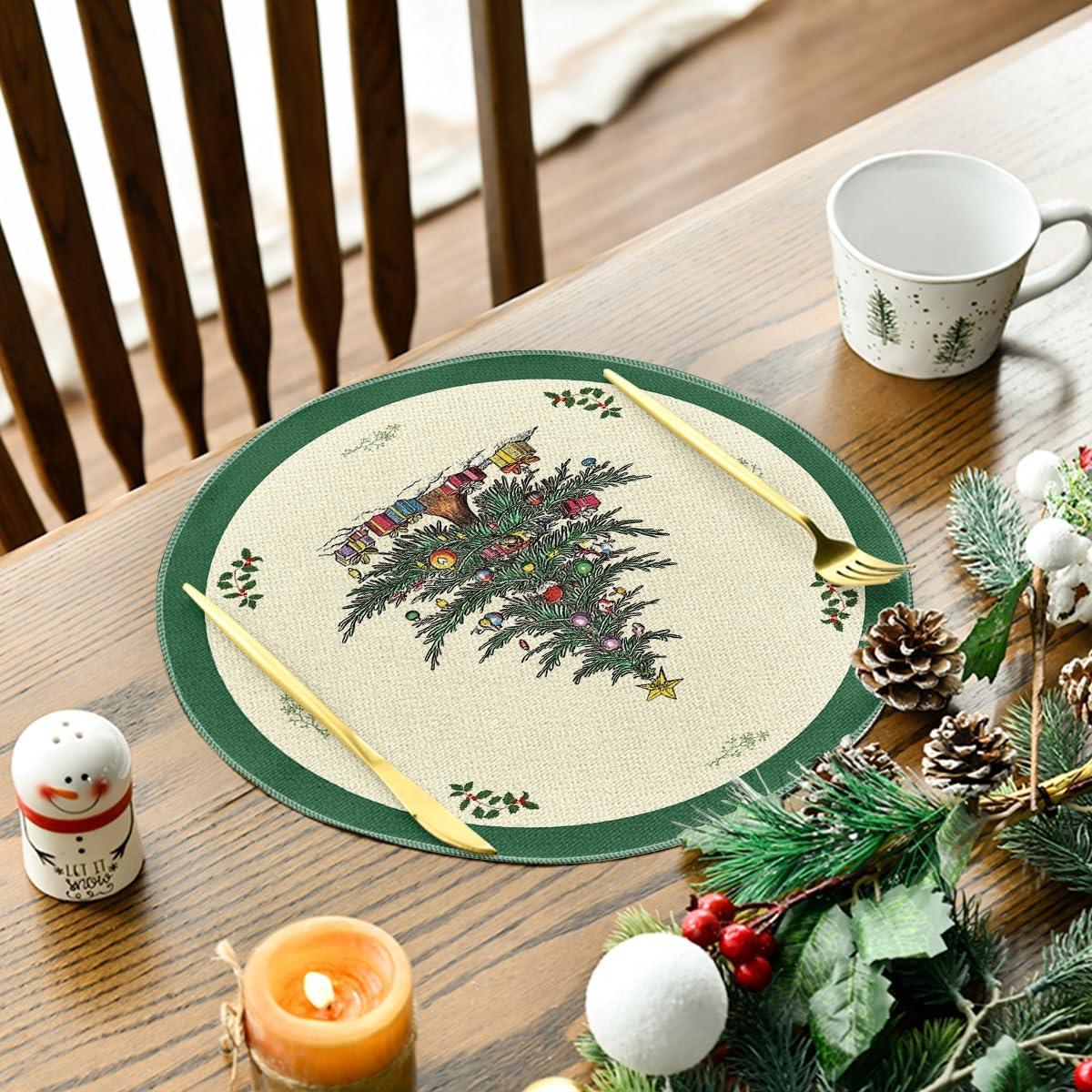 imageArtoid Mode Xmas Pine Round Winter Placemats Set of 4 14 Inch Round Christmas Table Mats for Table Runner Party Kitchen Dining DecorationGreen