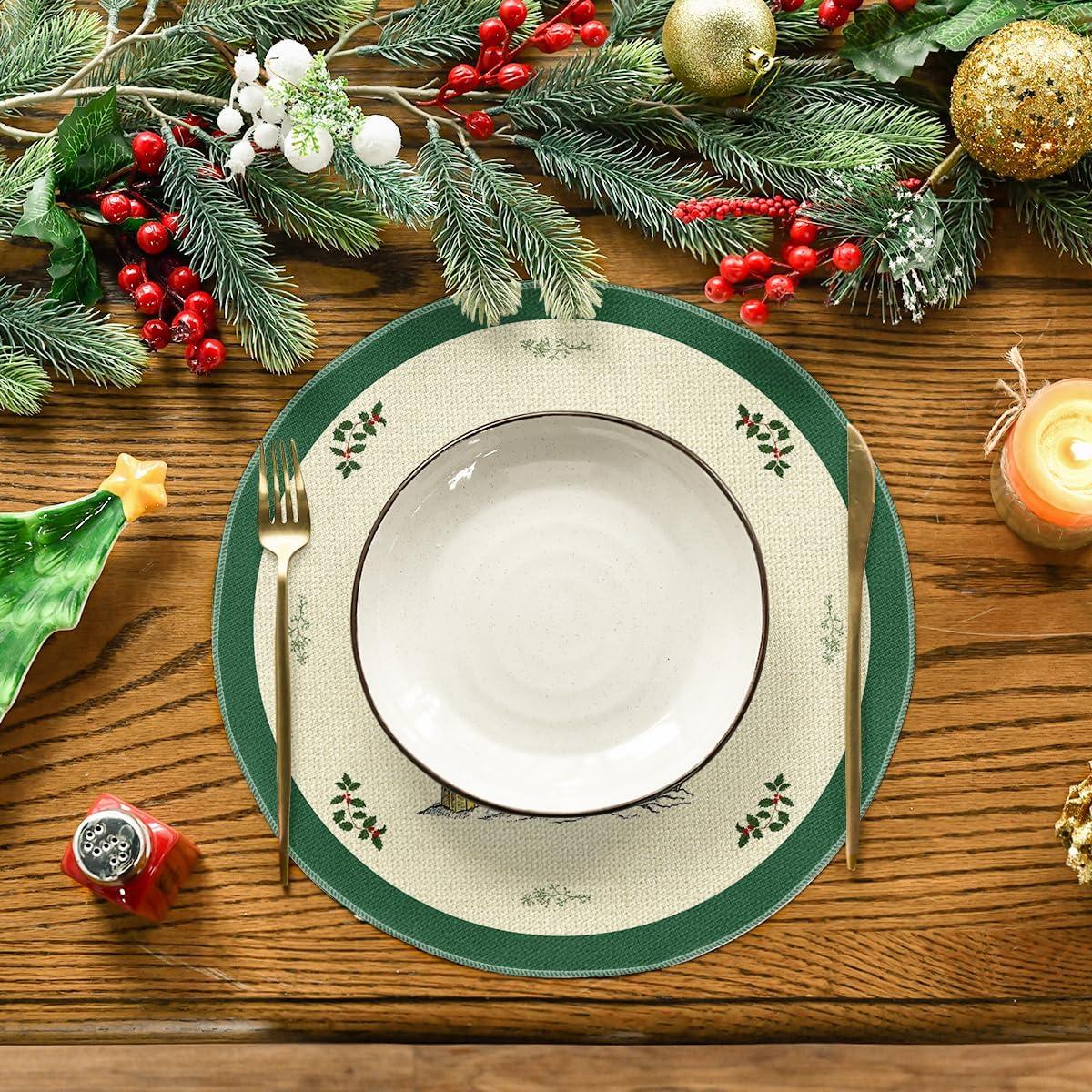 imageArtoid Mode Xmas Pine Round Winter Placemats Set of 4 14 Inch Round Christmas Table Mats for Table Runner Party Kitchen Dining DecorationGreen