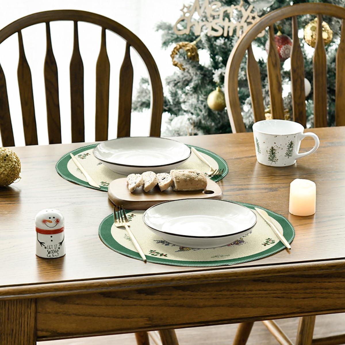 imageArtoid Mode Xmas Pine Round Winter Placemats Set of 4 14 Inch Round Christmas Table Mats for Table Runner Party Kitchen Dining DecorationGreen