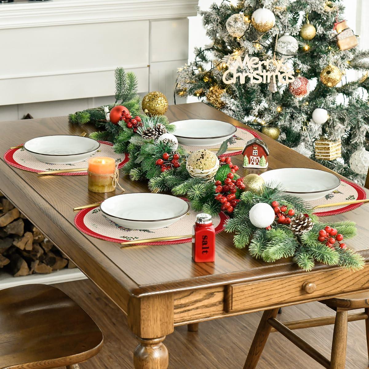 imageArtoid Mode Xmas Pine Round Winter Placemats Set of 4 14 Inch Round Christmas Table Mats for Table Runner Party Kitchen Dining DecorationRed