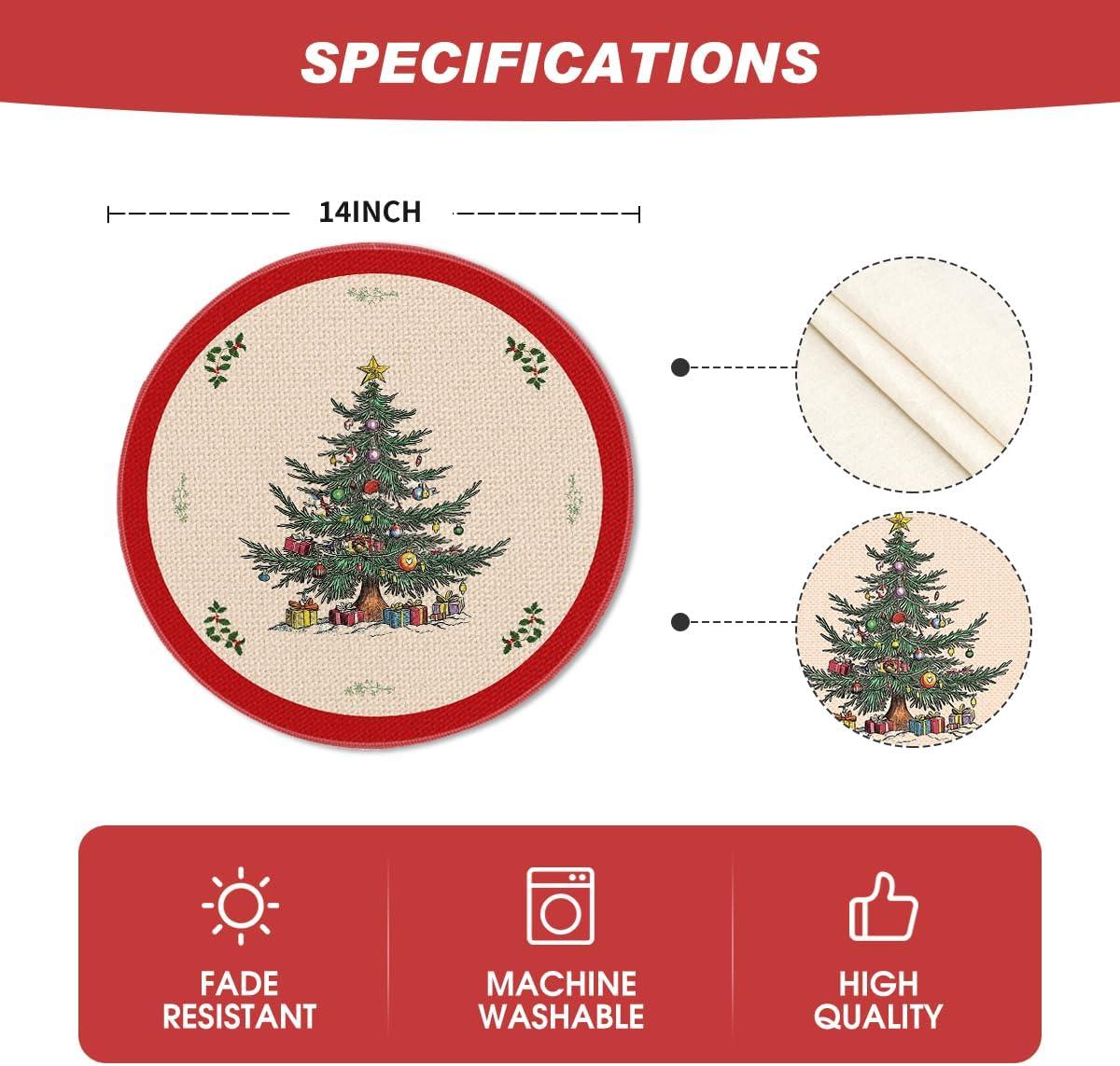 imageArtoid Mode Xmas Pine Round Winter Placemats Set of 4 14 Inch Round Christmas Table Mats for Table Runner Party Kitchen Dining DecorationRed