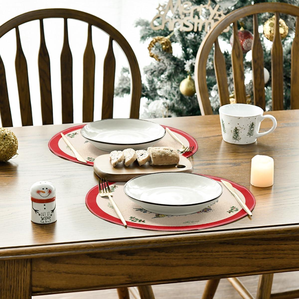 imageArtoid Mode Xmas Pine Round Winter Placemats Set of 4 14 Inch Round Christmas Table Mats for Table Runner Party Kitchen Dining DecorationRed