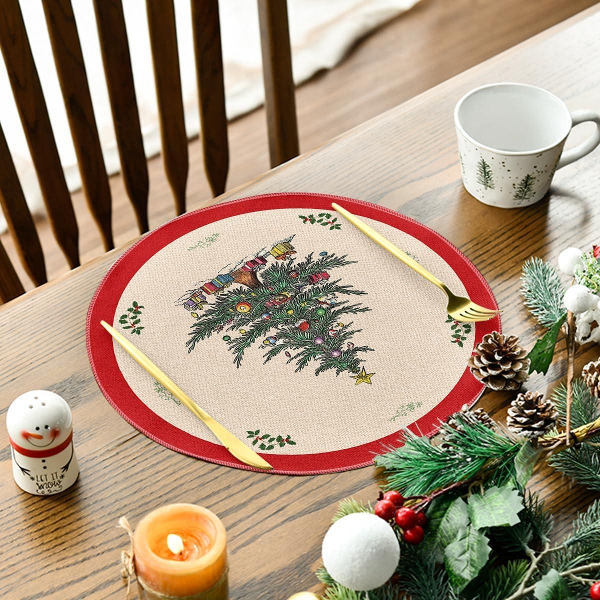 imageArtoid Mode Xmas Pine Round Winter Placemats Set of 4 14 Inch Round Christmas Table Mats for Table Runner Party Kitchen Dining DecorationRed
