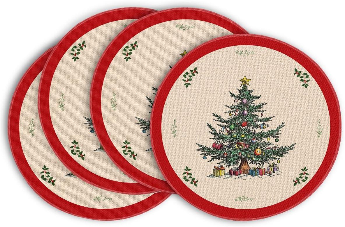 imageArtoid Mode Xmas Pine Round Winter Placemats Set of 4 14 Inch Round Christmas Table Mats for Table Runner Party Kitchen Dining DecorationRed