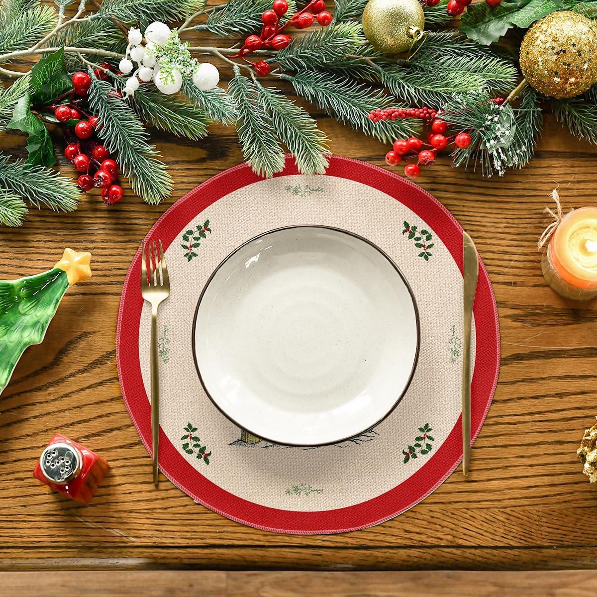 imageArtoid Mode Xmas Pine Round Winter Placemats Set of 4 14 Inch Round Christmas Table Mats for Table Runner Party Kitchen Dining DecorationRed