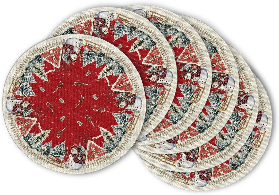 imageArtoid Mode Xmas Pine Snowflake Snowman Christmas Round Placemats Set of 4 14 Inch Winter Round Table Mats for Dining DecorationRed