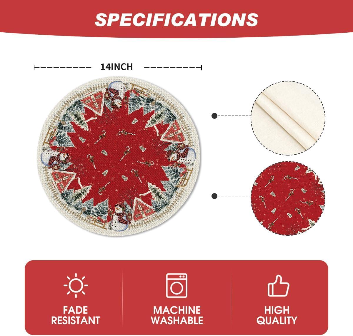 imageArtoid Mode Xmas Pine Snowflake Snowman Christmas Round Placemats Set of 4 14 Inch Winter Round Table Mats for Dining DecorationRed