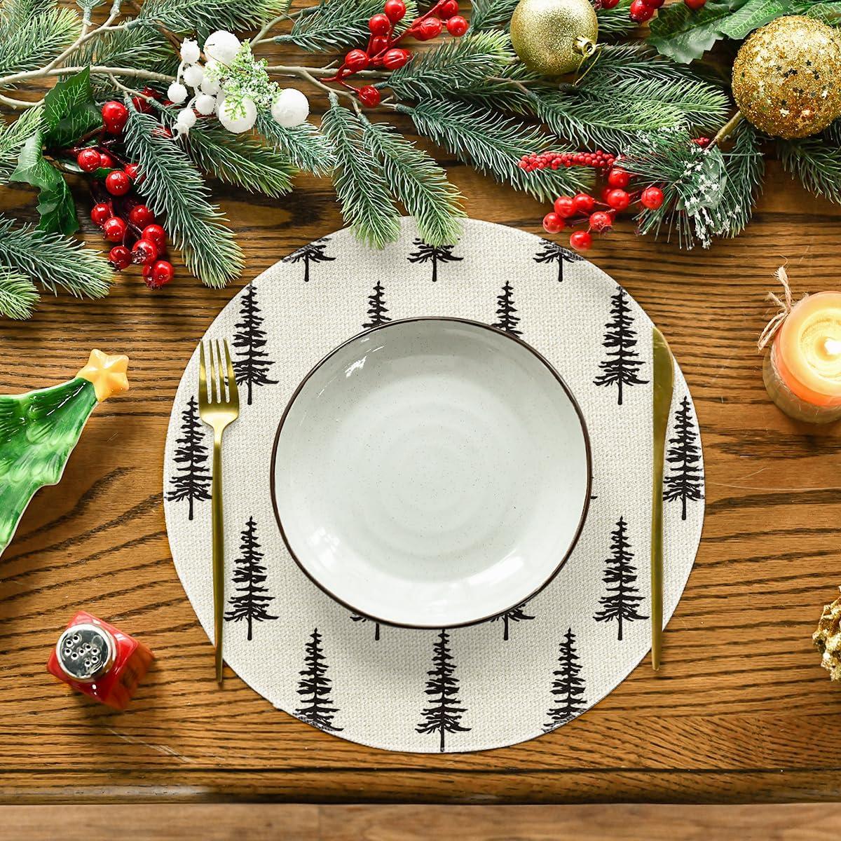 imageArtoid Mode Xmas Trees Merry Christmas Round Placemats Set of 4 14 Inch Winter Round Table Mats for Dining DecorationBlackBeige