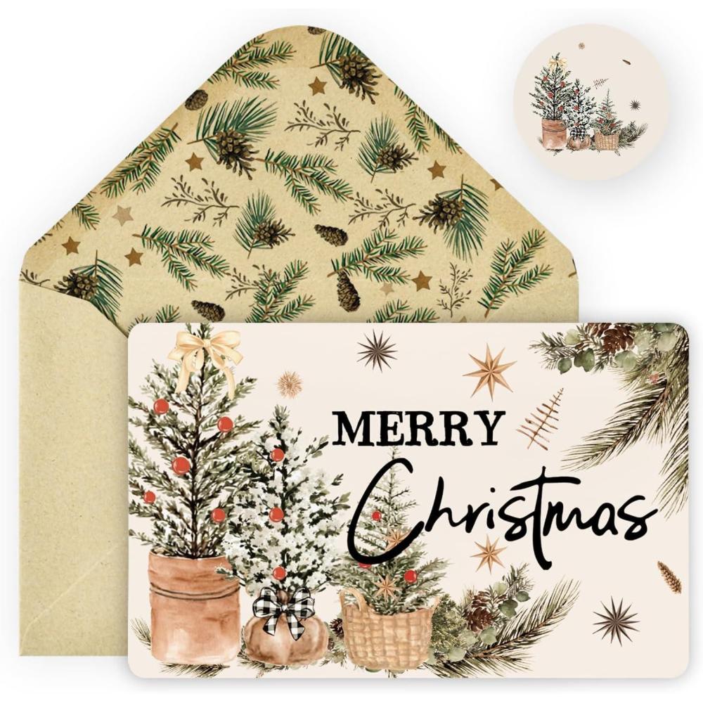 imageArtoid Mode 24 Pack Retro Basket Xmas Tree Merry Christmas Thank You Cards Gift With Envelope Sticker Blank Note Greeting Cards 4 x 6 InchBrown