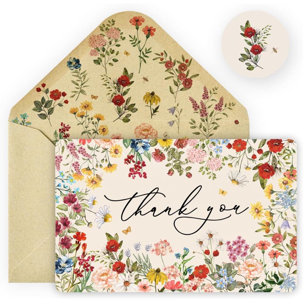 imageArtoid Mode 24 Pack Vintage Wildflower Thank You Cards Flower Greeting Cards Gift With Envelope Sticker Blank Note Cards for Birthday Wedding Baby Shower Bridal Shower 4 x 6 InchBrown