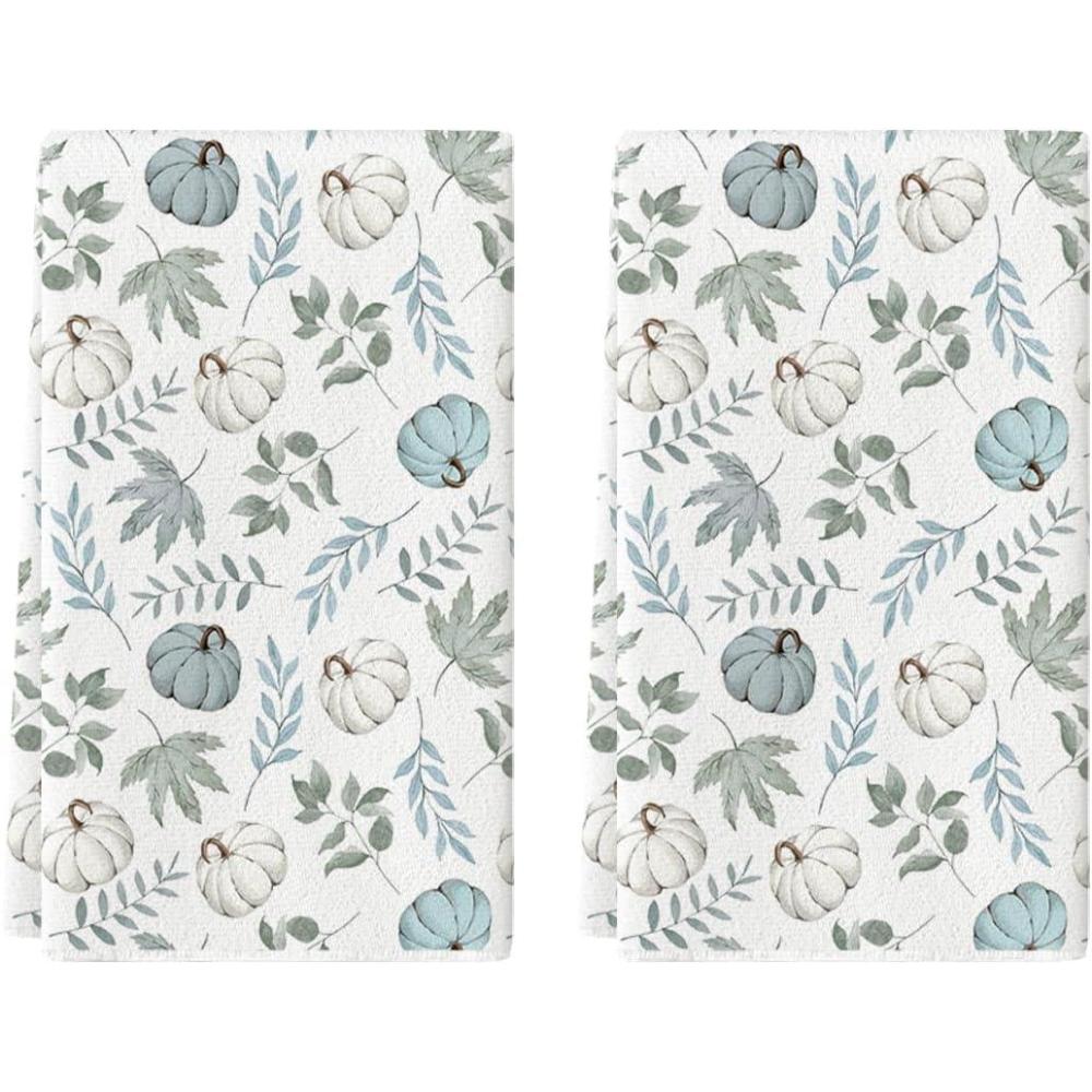 imageArtoid Mode Blue Eucalyptus Leaves Pumpkin Fall Kitchen Towels Dish Towels 18x26 Inch Seasonal Decoration Hand Towels Set of 2Blue