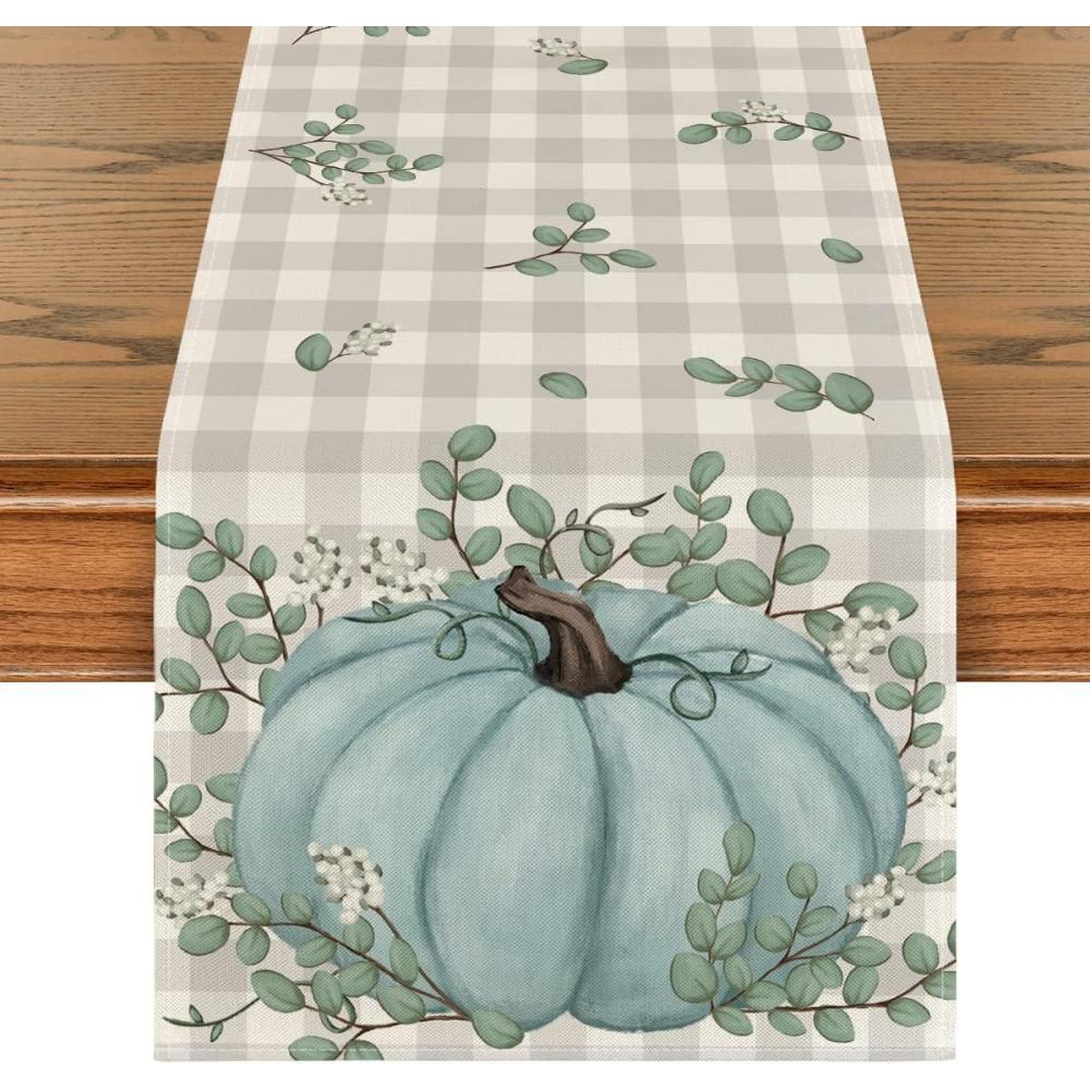 imageArtoid Mode Buffalo Plaid Pumpkin Eucalyptus Leaves Fall Table Runner Autumn Thanksgiving Kitchen Dining Table Decoration for Home Party Decor 13x72 Inch