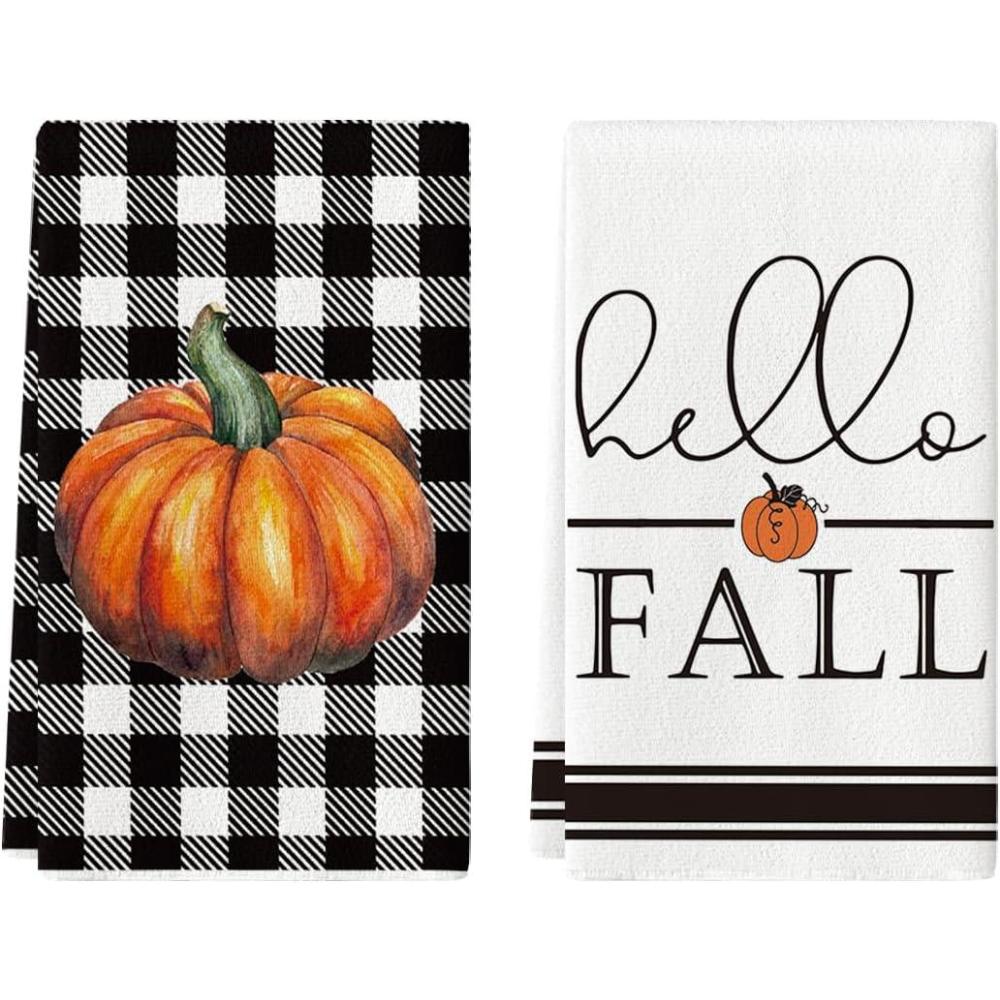 imageArtoid Mode Buffalo Plaid Pumpkin Hello Fall Kitchen Towels Dish Towels 18x26 Inch Seasonal Decoration Hand Towels Set of 2Black