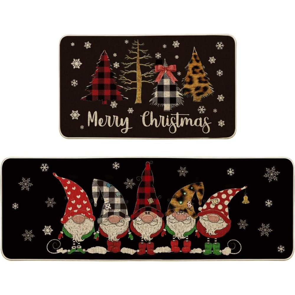 imageArtoid Mode Buffalo Plaid Tree Gnomes Black Christmas Kitchen Rugs Set of 2 Winter LowProfile Floor Mat Merry Home Decora for Floor 17x29 and 17x47 Inch