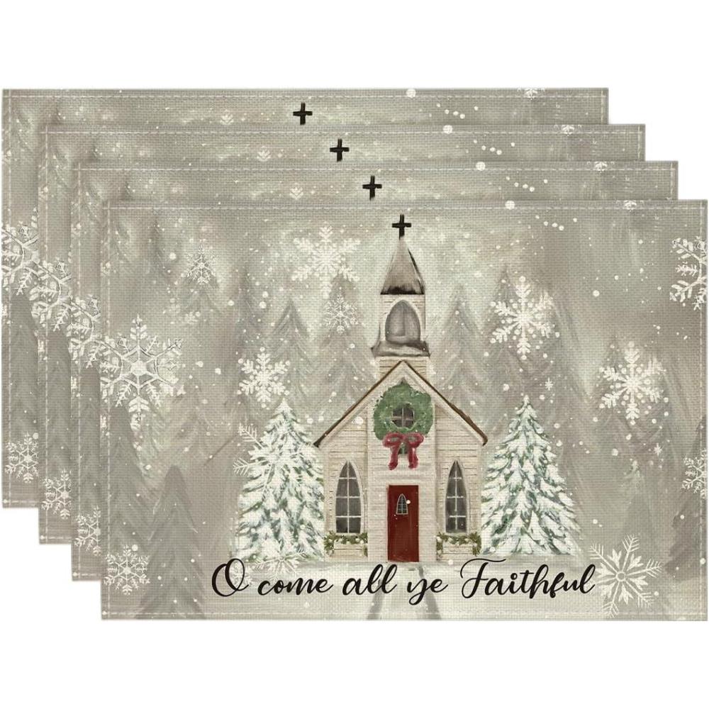 imageArtoid Mode Church Xmas Trees Snowflakes Merry Christmas Round Placemats Set of 4 14 Inch Winter Round Table Mats for Dining DecorationSilver