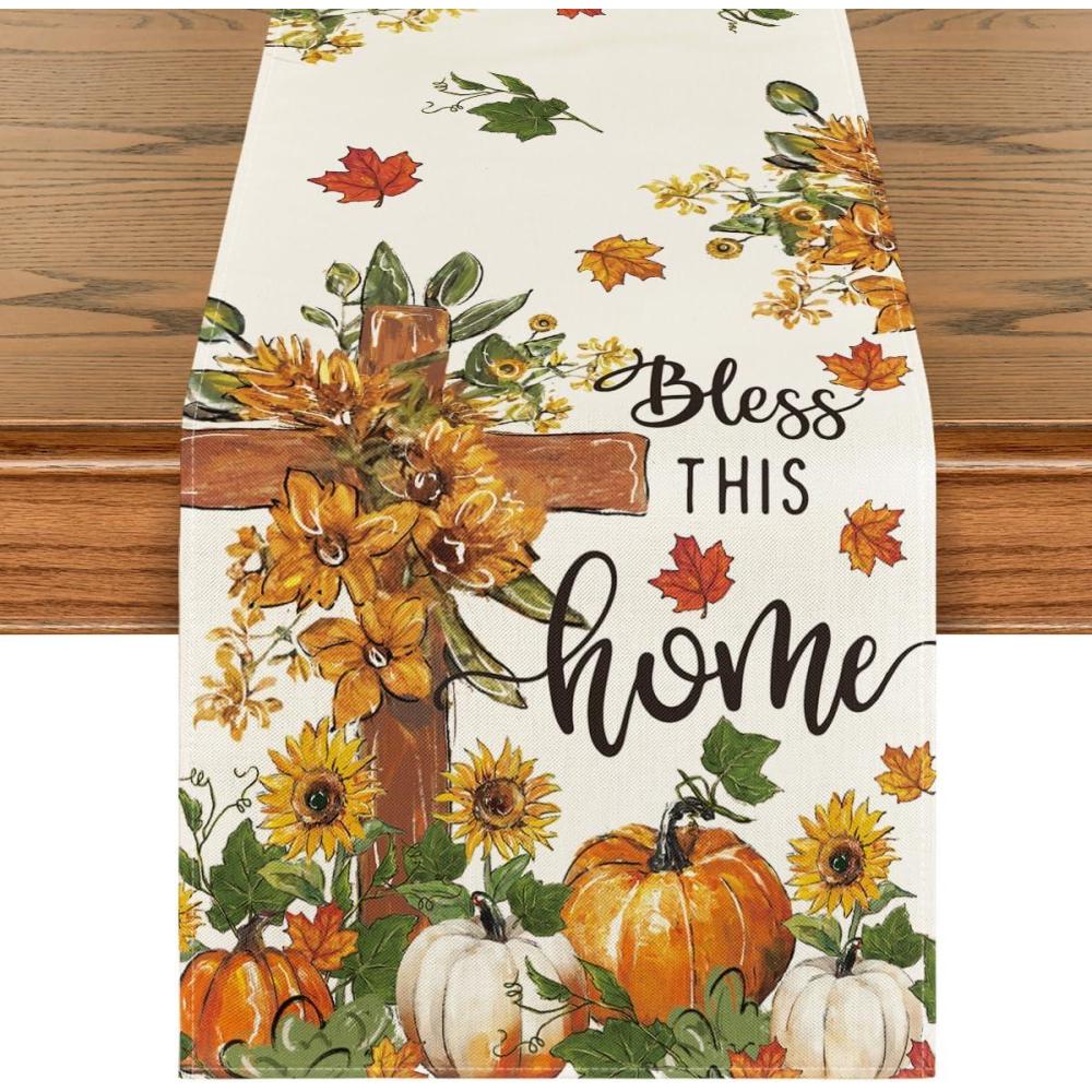 imageArtoid Mode Cross Pumpkins Fall Table Runner Bless This Home Seasonal Autumn Kitchen Dining Table Decoration for Home Party Decor 13x72 InchBeige