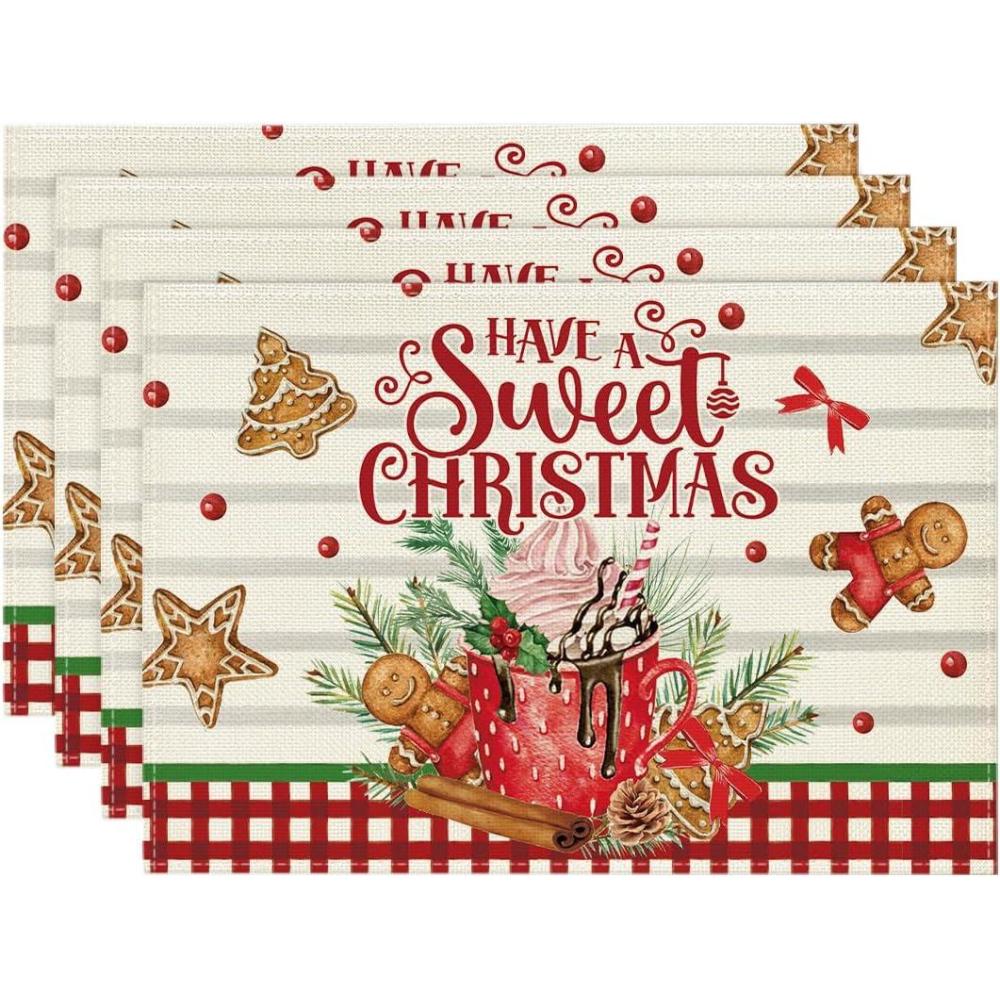 imageArtoid Mode Holly Gingerbread Ice Cream Merry Christmas Round Placemats Set of 4 14 Inch Winter Round Table Mats for Dining DecorationBeige