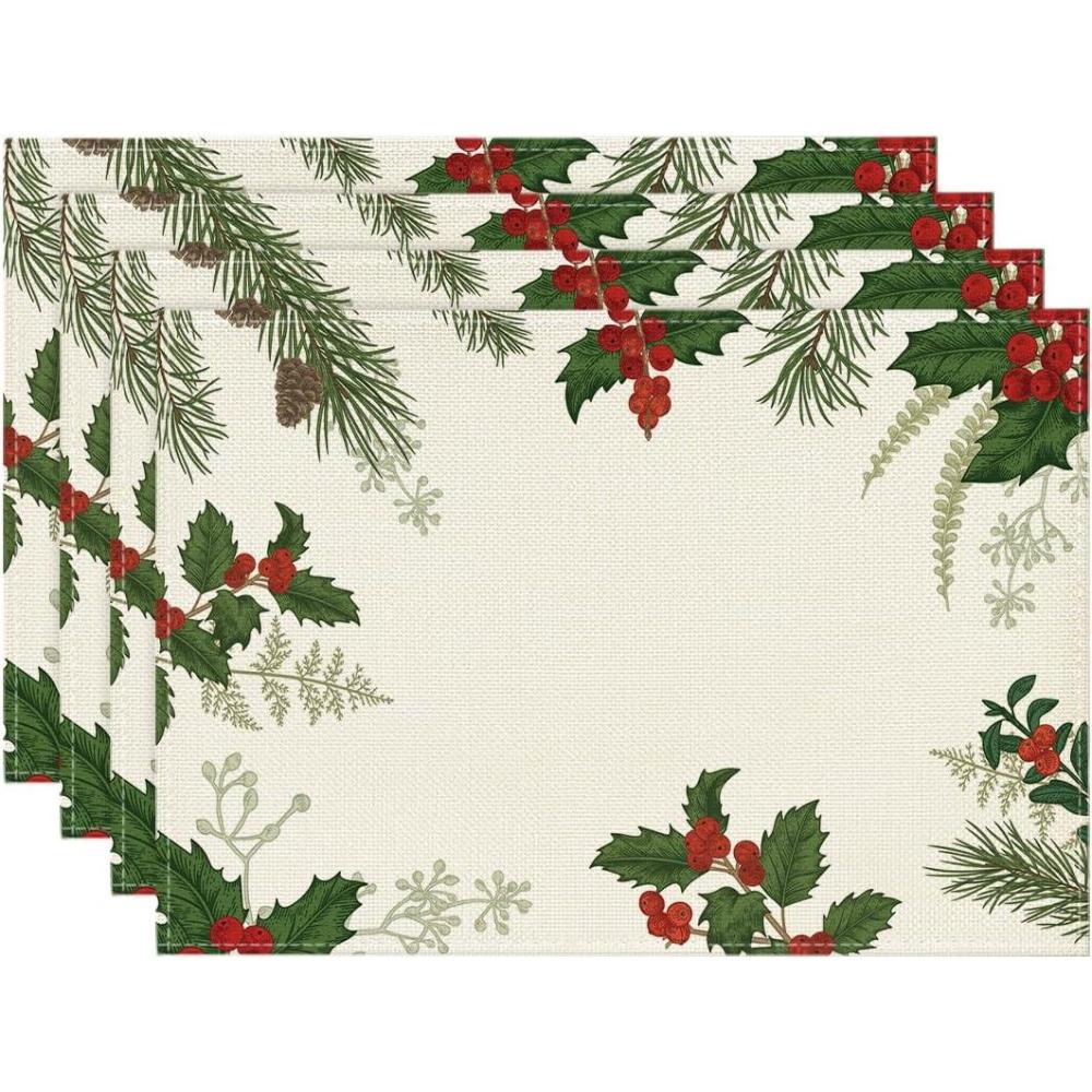 imageArtoid Mode Holly Xmas Pine Christmas Round Placemats Set of 4 14 Inch Winter Round Table Mats for Vintage Dining DecorationRedGreen