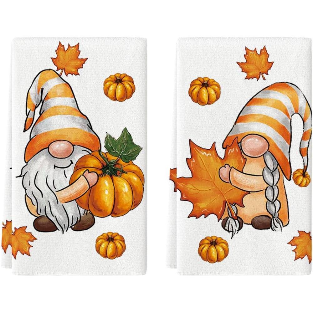 imageArtoid Mode Maple Leaves Gnomes Pumpkin Fall Kitchen Towels Dish Towels 18x26 Inch Seasonal Thanksgiving Decoration Hand Towels Set of 2