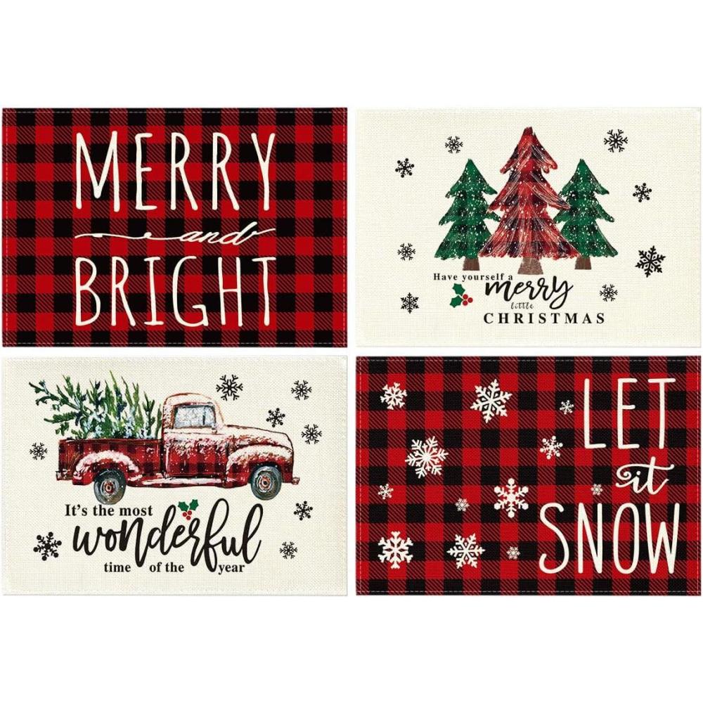 imageArtoid Mode Merry and Bright Buffalo Plaid Christmas Placemats for Dining Table 12 x 18 Inch Seasonal Winter Watercolor Truck Xmas Tree Holiday Rustic Vintage Washable Table Mats Set of 4