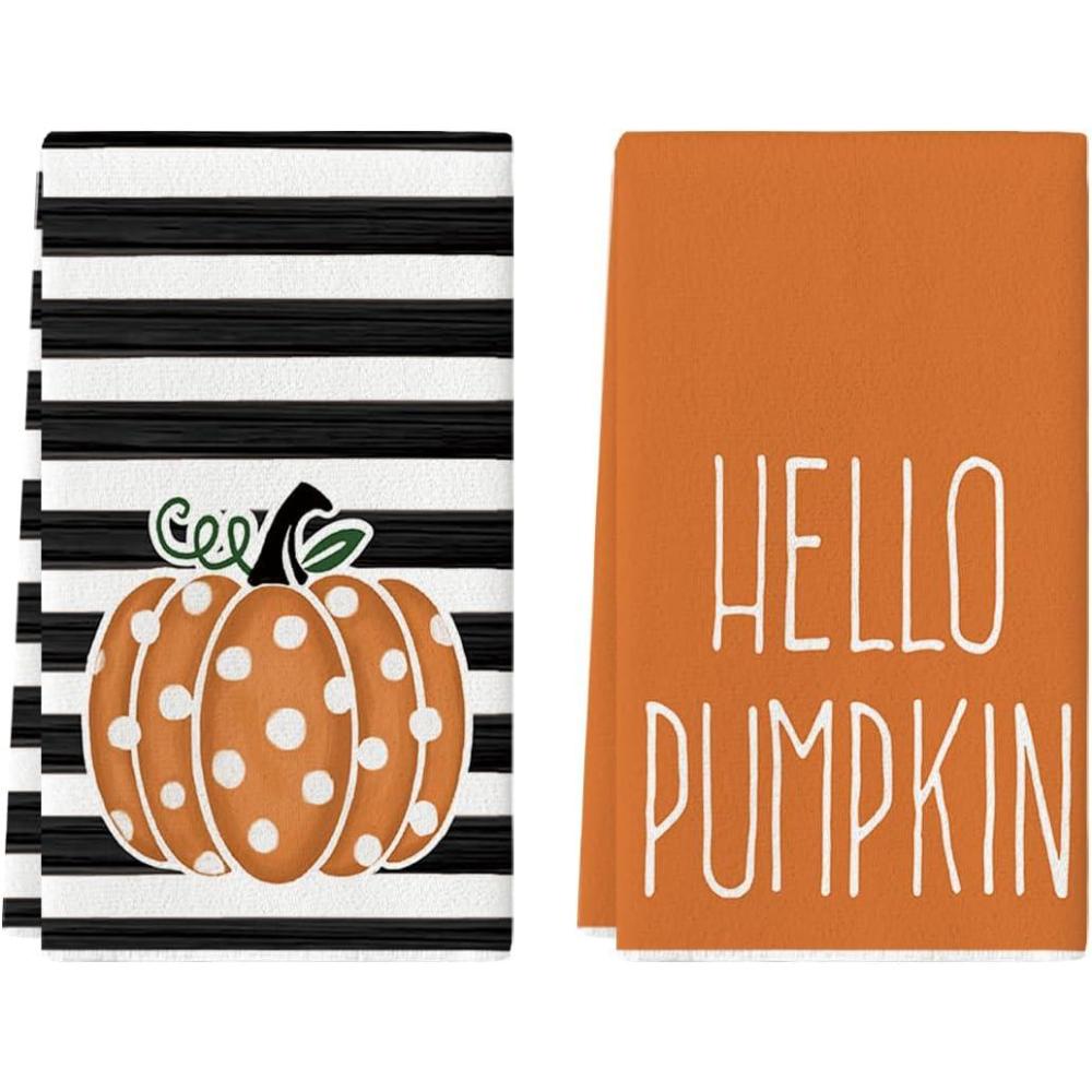 imageArtoid Mode Orange Polka Dot Stripes Hello Pumpkin Fall Kitchen Towels Dish Towels 18x26 Inch Farmhouse Decoration Hand Towels Set of 2Orange