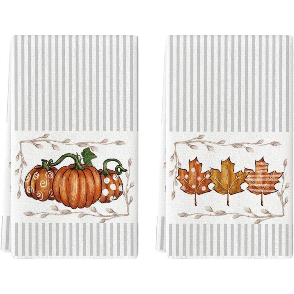 imageArtoid Mode Orange Stripes Polka Dot Pumpkin Fall Kitchen Towels Dish Towels 18x26 Inch Farmhouse Maple Leaves Decoration Hand Towels Set of 2Beige
