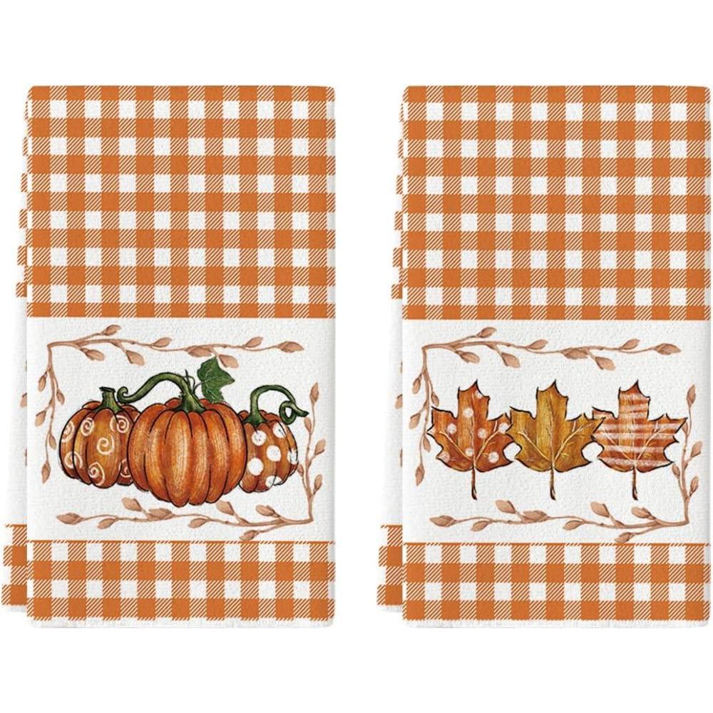 imageArtoid Mode Orange Stripes Polka Dot Pumpkin Fall Kitchen Towels Dish Towels 18x26 Inch Farmhouse Maple Leaves Decoration Hand Towels Set of 2Orange