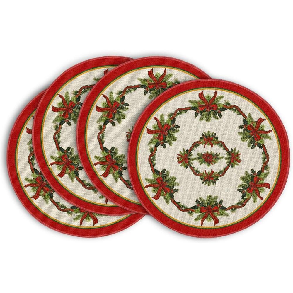 imageArtoid Mode Pine Branches Bow Ribbon Christmas Round Placemats Set of 4 14 Inch Winter Round Table Mats for Dining DecorationRed