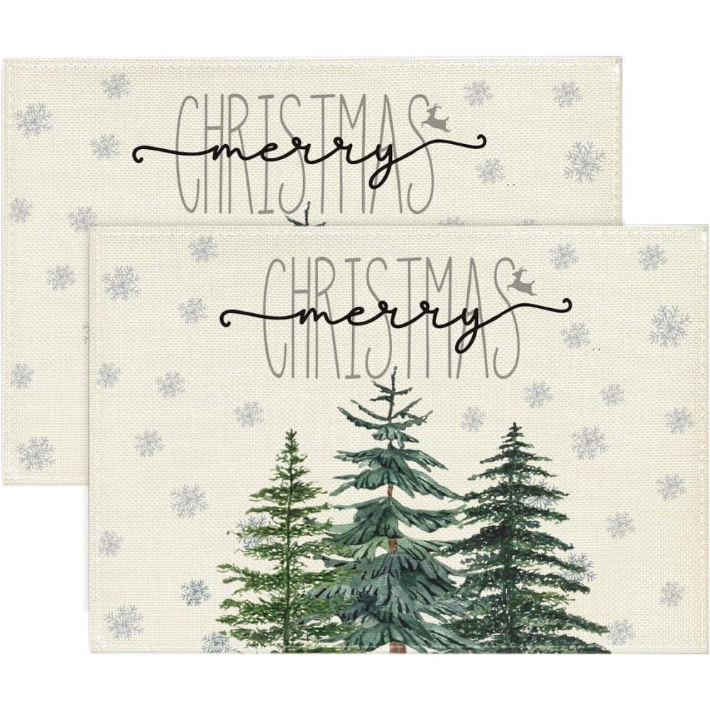 imageArtoid Mode Pine Tree Snowflake Merry Christmas Placemats Set of 4 12x18 Inch Seasonal Winter Xmas Holiday Table Mats for Party Kitchen Dining DecorationBeige