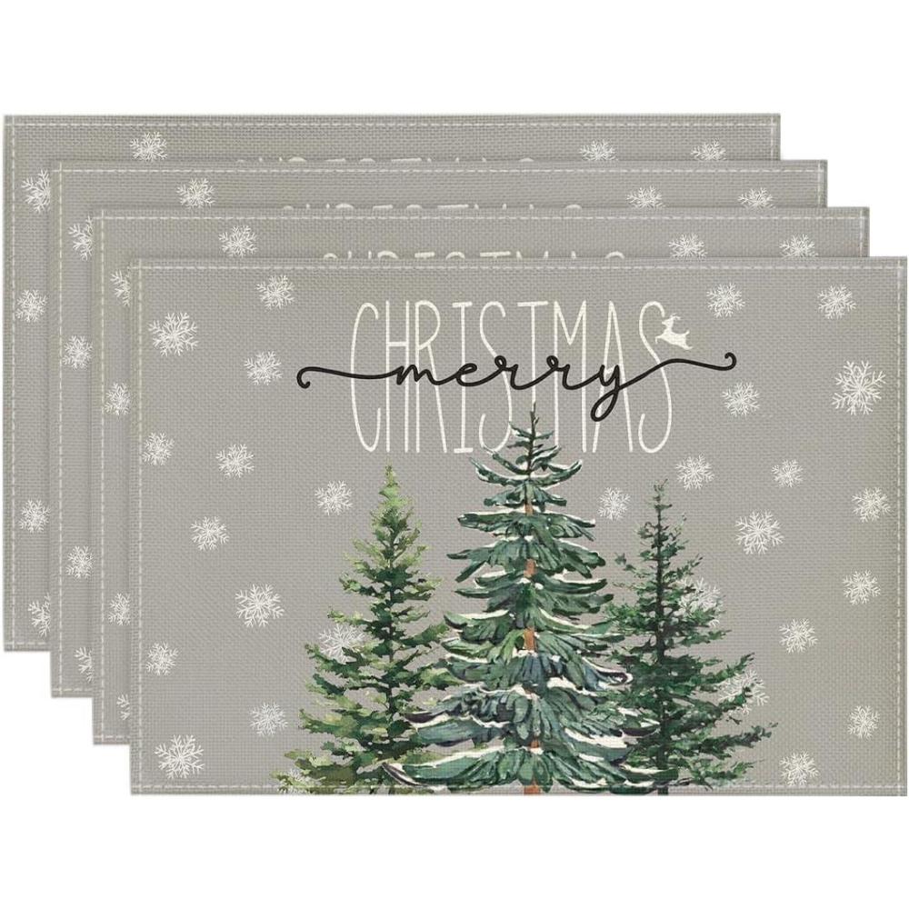 imageArtoid Mode Pine Tree Snowflake Merry Christmas Placemats Set of 4 12x18 Inch Seasonal Winter Xmas Holiday Table Mats for Party Kitchen Dining DecorationGray