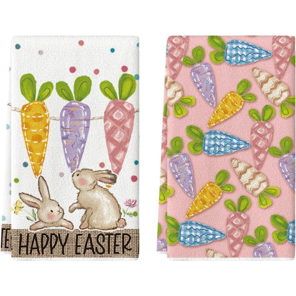 imageArtoid Mode Pink Carrots Bunny Happy Easter Kitchen Towels Dish Towels 18x26 Inch Spring Farmhouse Rabbit Decoration Hand Towels Set of 2Pink